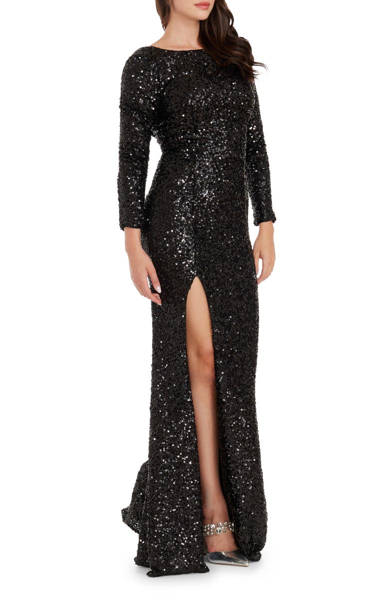 Dress the Population Janette Sequin Long Sleeve Mermaid Gown, Alternate, color, Jet Black