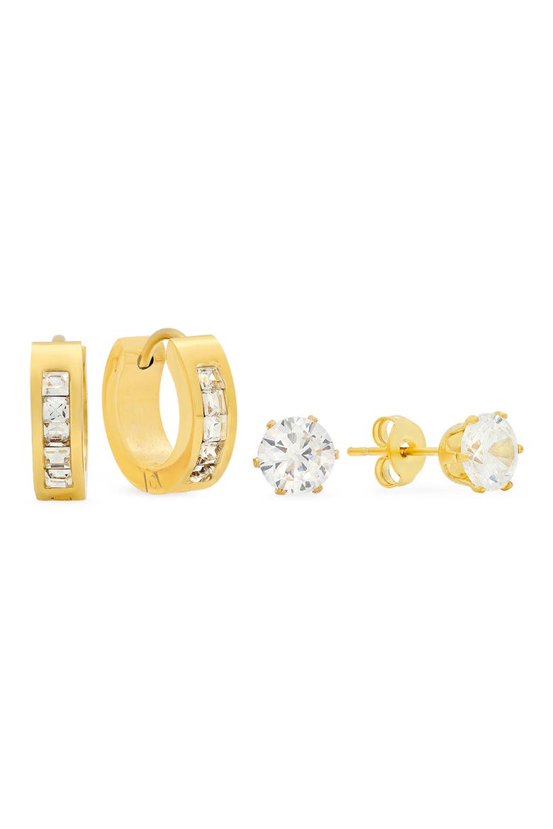 Set of 2 Cubic Zirconia Huggie & Stud Earrings, Main, color, GOLD