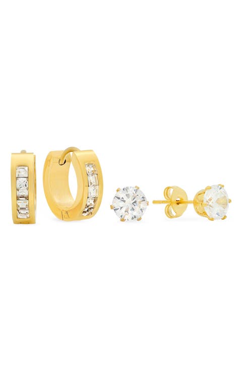 Set of 2 Cubic Zirconia Huggie & Stud Earrings