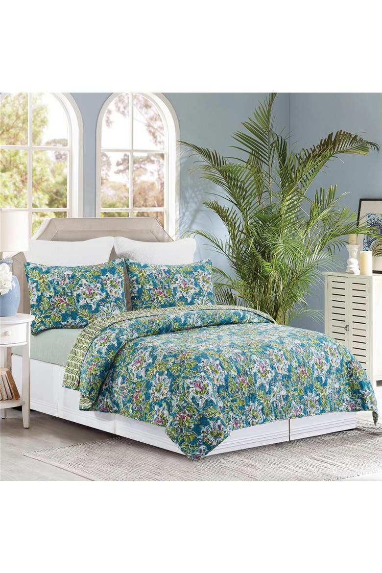 Violet Purple Blue & Green Flora Quilt Set, Alternate, color, Blue