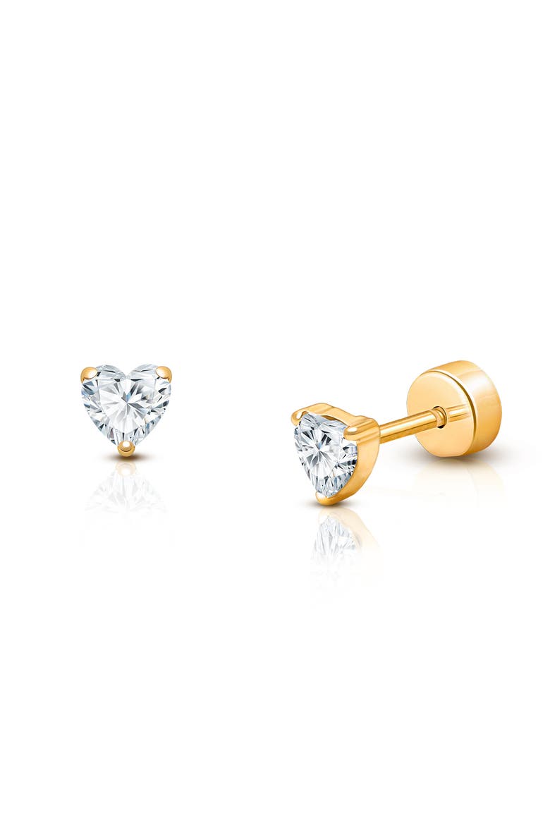 14K Gold on Titanium 4mm Clear Sparkling Heart Stud Screw Back Earrings, Main, color, 14K Yellow Gold