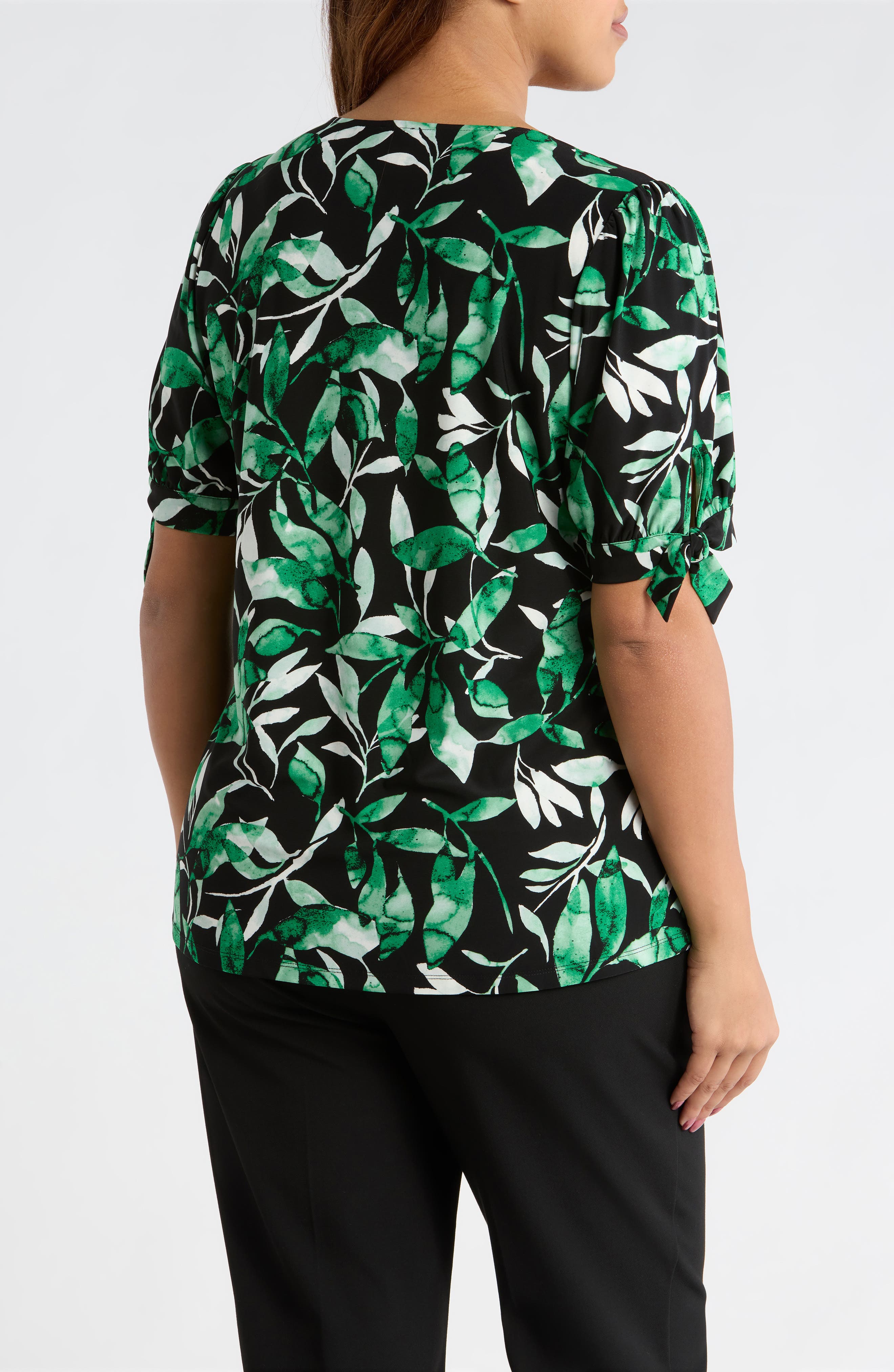 Tropical Print V-Neck Tie Cuff Knit Top - image 2