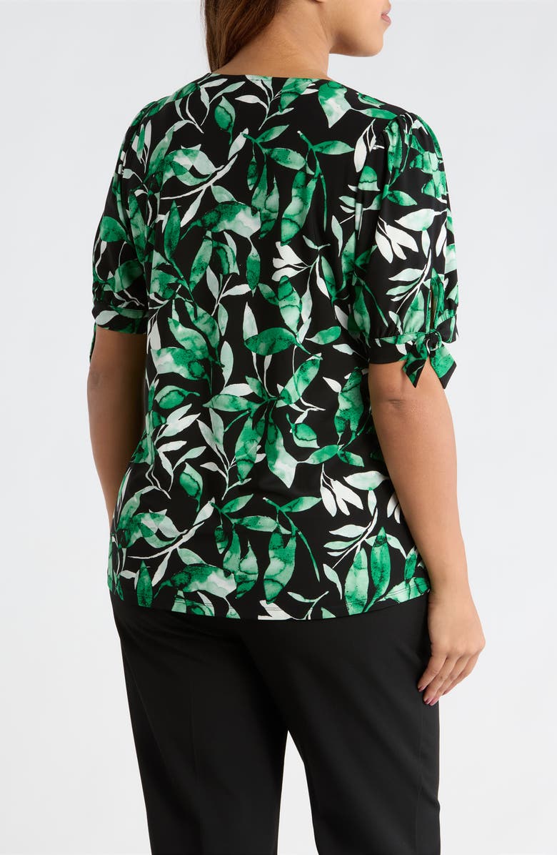 AK ANNE KLEIN Tropical Print V-Neck Tie Cuff Knit Top, Alternate, color, Anne Black Multi