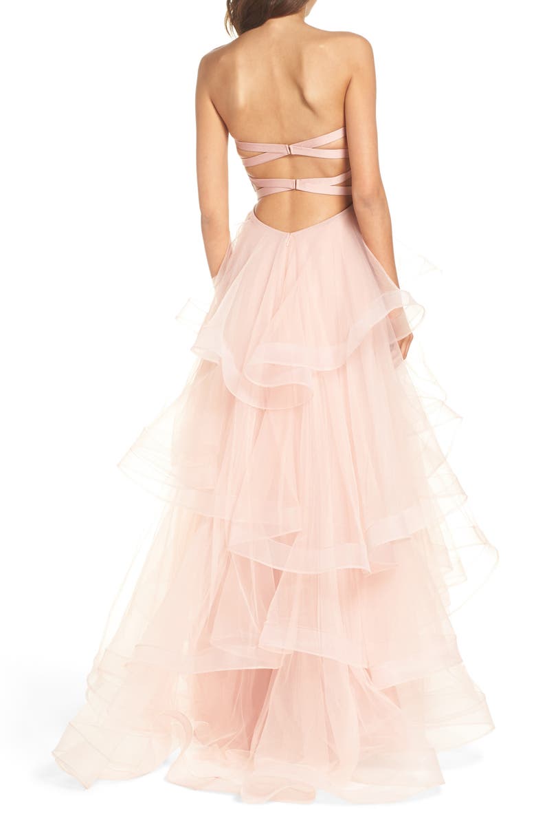 La Femme Strapless Layered Tulle Gown, Alternate, color,