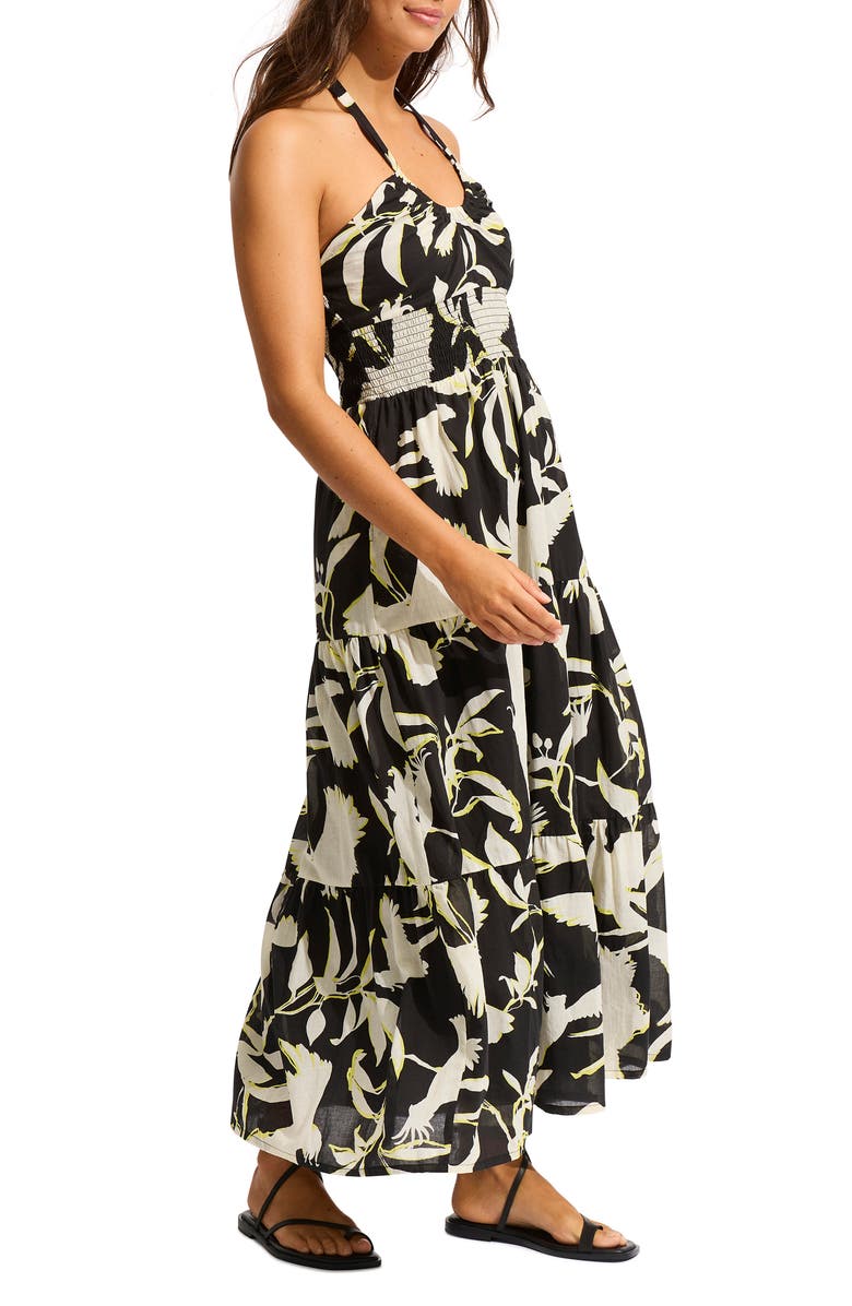 Seafolly Birds of Paradise Halter Tiered Cotton Cover-Up Maxi Dress, Alternate, color, 