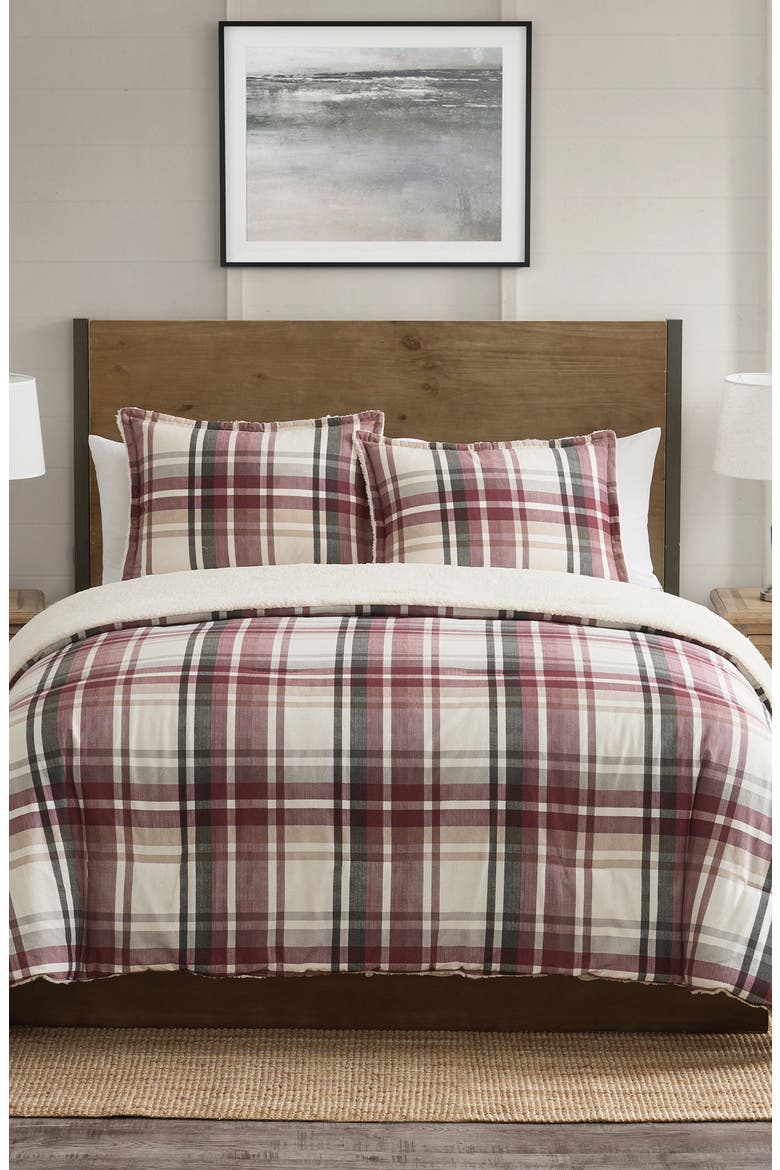 Plaid Flannel & Faux Shearling 3-Piece Comforter & Shams Set, Alternate, color, RED
