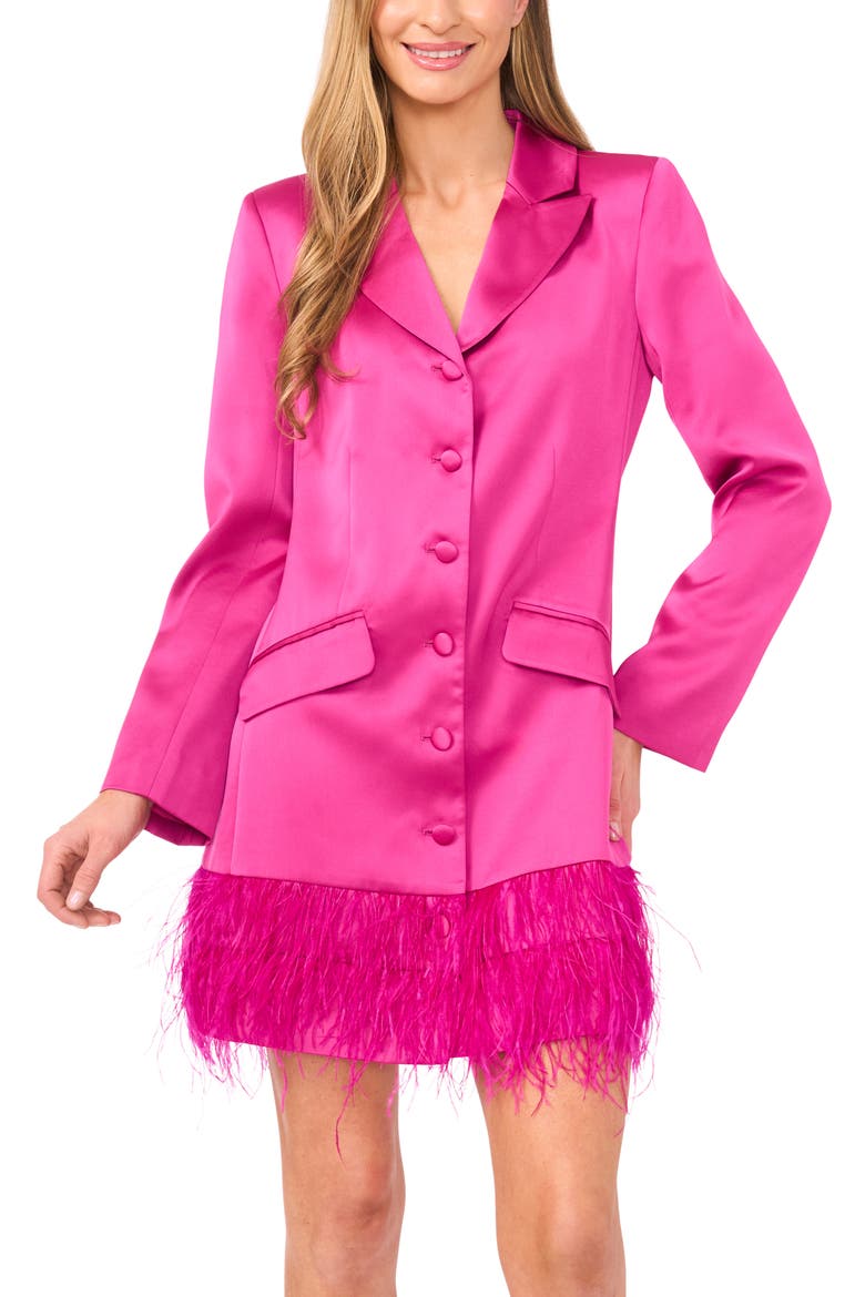 Feather Hem Long Sleeve Satin Blazer Minidress, Alternate, color, DEEP ORCHID