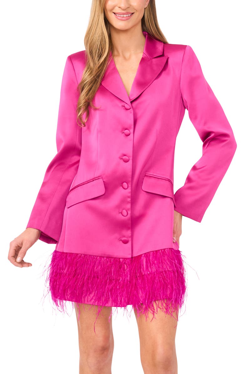 CeCe Feather Hem Long Sleeve Satin Blazer Minidress, Alternate, color, Deep Orchid
