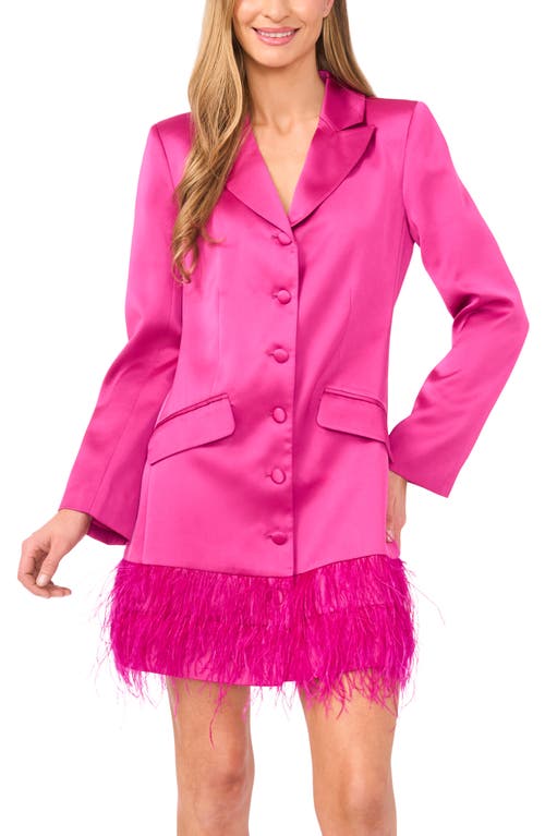 Cece Feather Hem Long Sleeve Satin Blazer Minidress In Pink