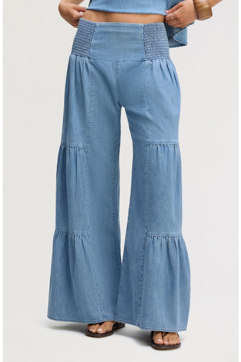 Smocked Wide Leg Chambray Pants, Main, color, PALOMINO WASH