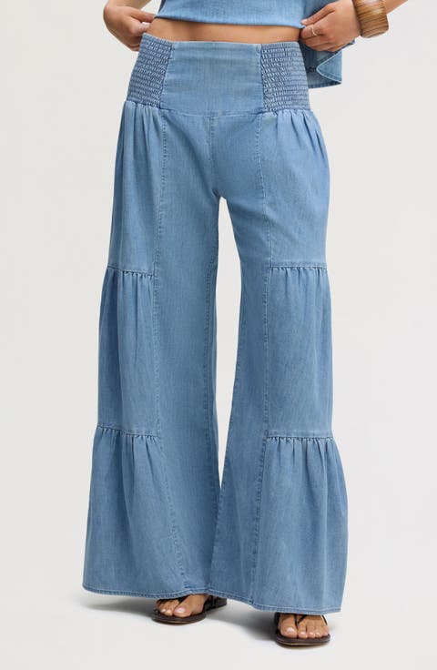 Smocked Wide Leg Chambray Pants