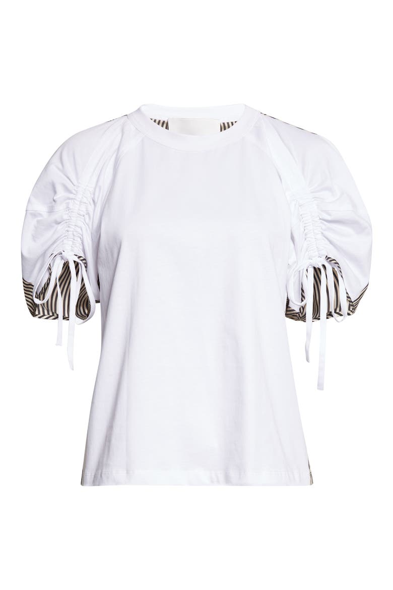 Mixed Media Puff Sleeve T-Shirt, Alternate, color, WHITE-BLACK MULTI