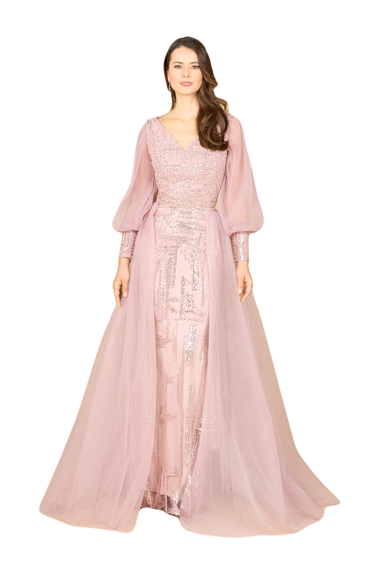 Long Sleeve Lace Gown with Removable Over Skirt, Main, color, DustyPurple