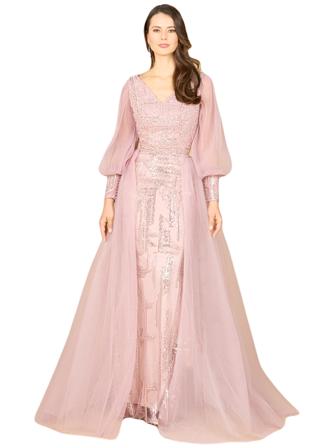 Long Sleeve Lace Gown with Removable Over Skirt