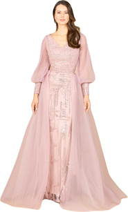 LARA New York Long Sleeve Lace Gown with Removable Over Skirt