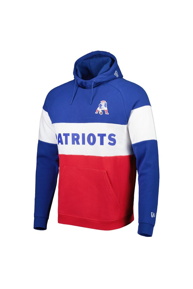 Men's New Era Red/Royal New England Patriots Colorblock Throwback Pullover Hoodie, Alternate, color, Red