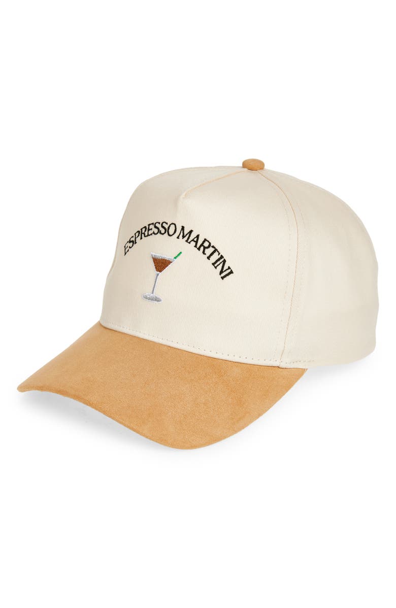 David & Young Espresso Martini Embroidered Suede Trucker Cap, Main, color, Brown