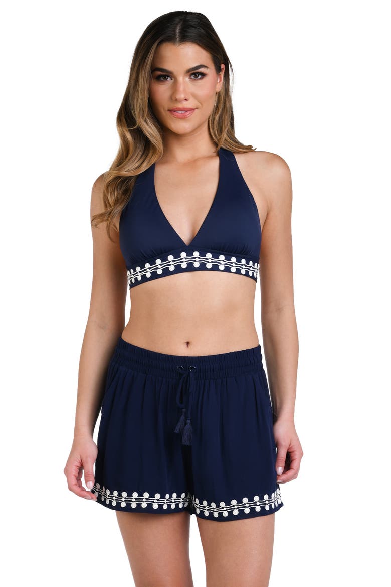 Sea Scallops Embroidered Trim Cover-Up Beach Shorts, Alternate, color, INDIGO