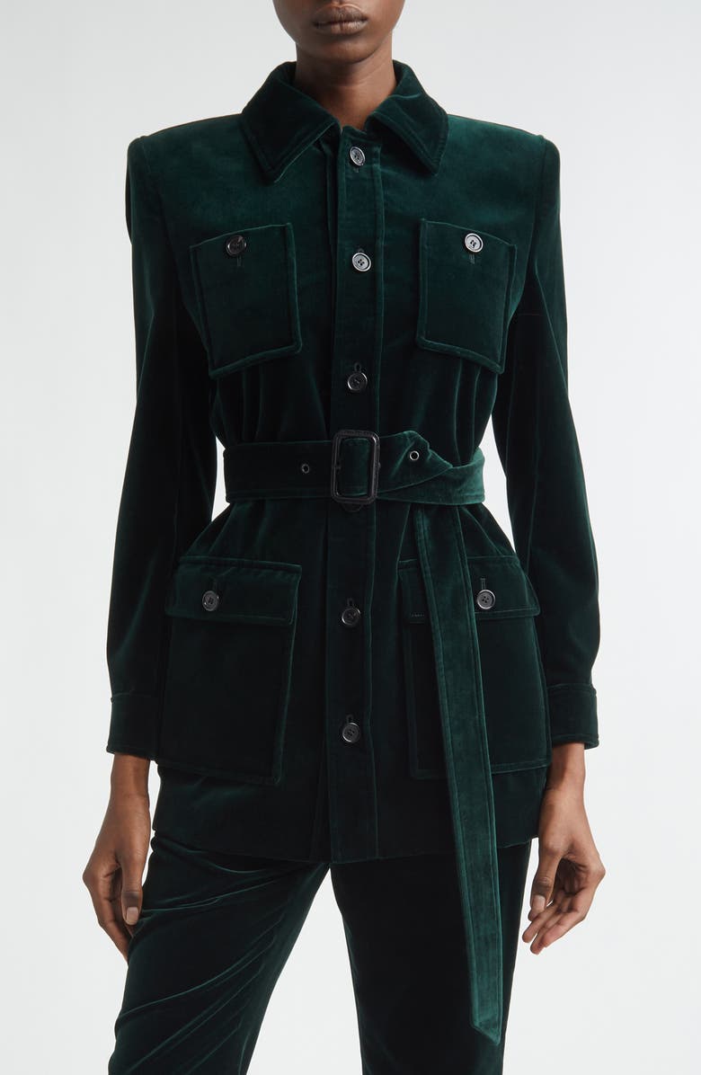 Saint Laurent Belted Cotton Velveteen Jacket, Main, color, Emeraude