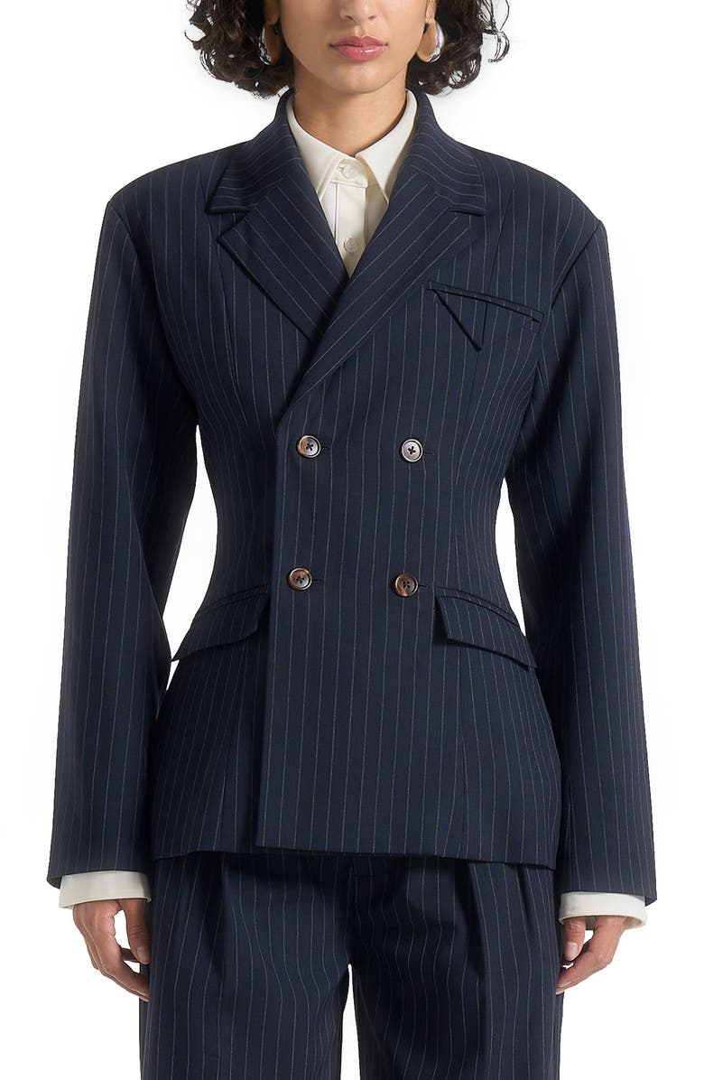 Manière De Voir Maia Pinstripe Double Breasted Blazer, Alternate, color, Navy
