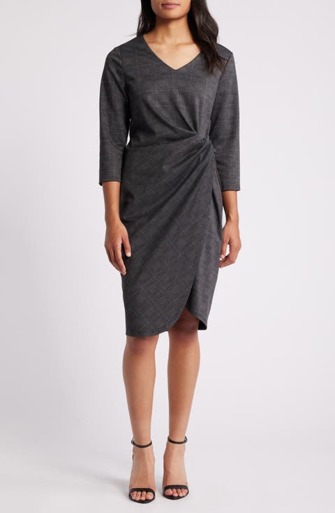 Glen Plaid Side Ruched Knit Dress
