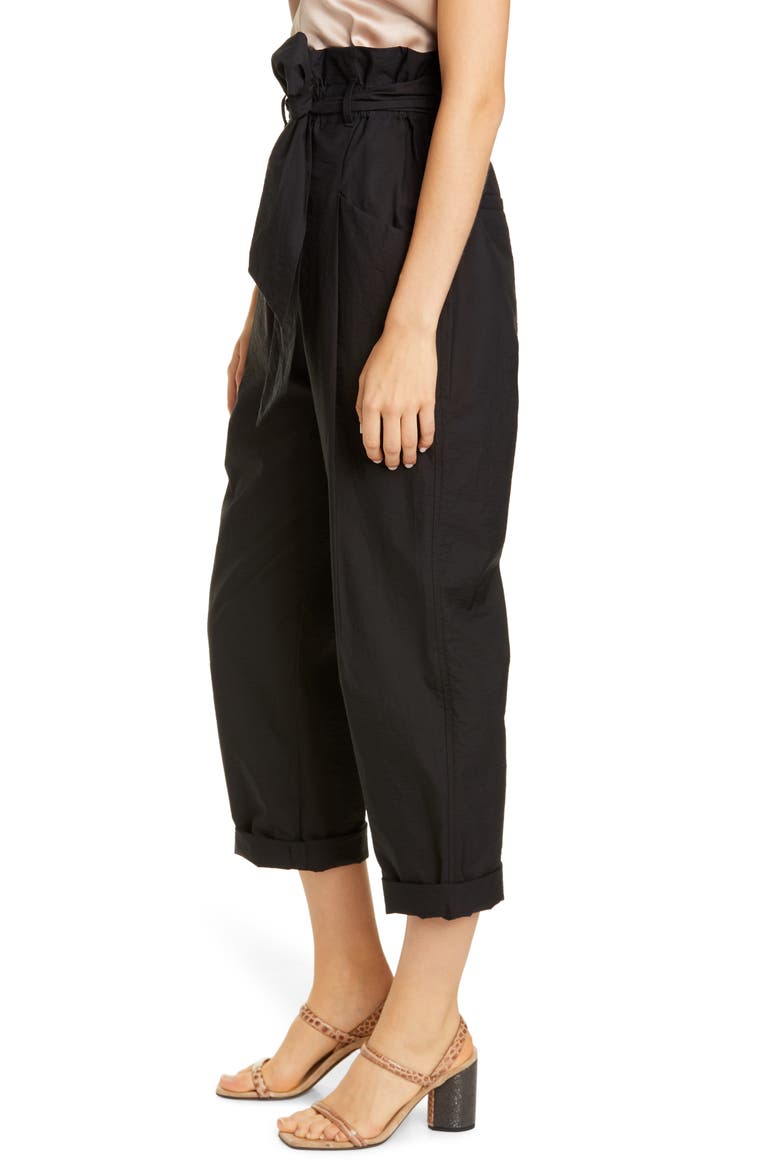 Paperbag Waist Crinkled Cotton Blend Ankle Pants, Alternate, color, BLACK