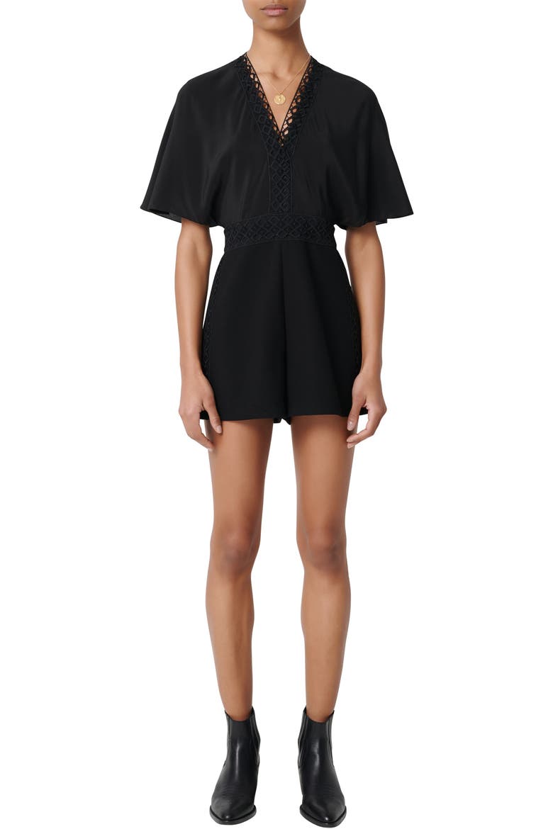 Idelle Lace Trim Short Sleeve Silk Romper, Main, color, BLACK
