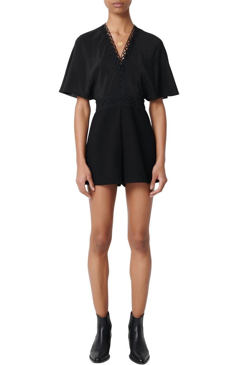 maje Idelle Lace Trim Short Sleeve Silk Romper, Main, color,