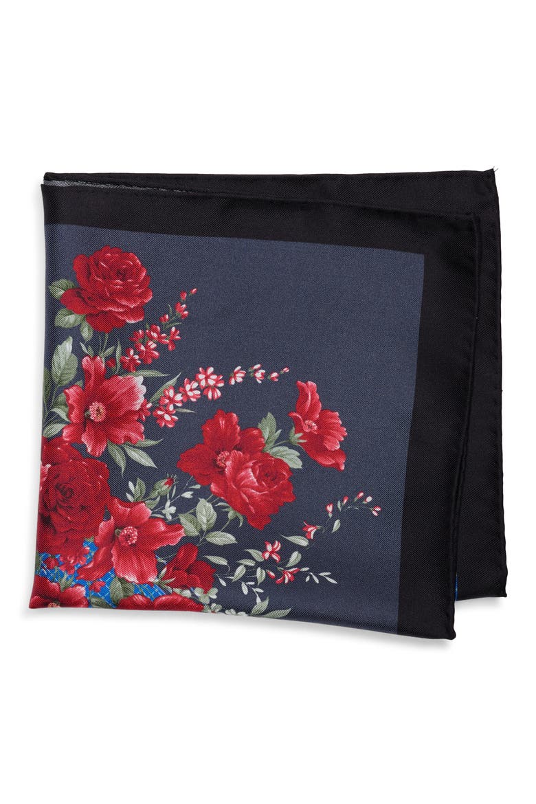 Floral Pocket Square, Main, color, BLACK/ RED