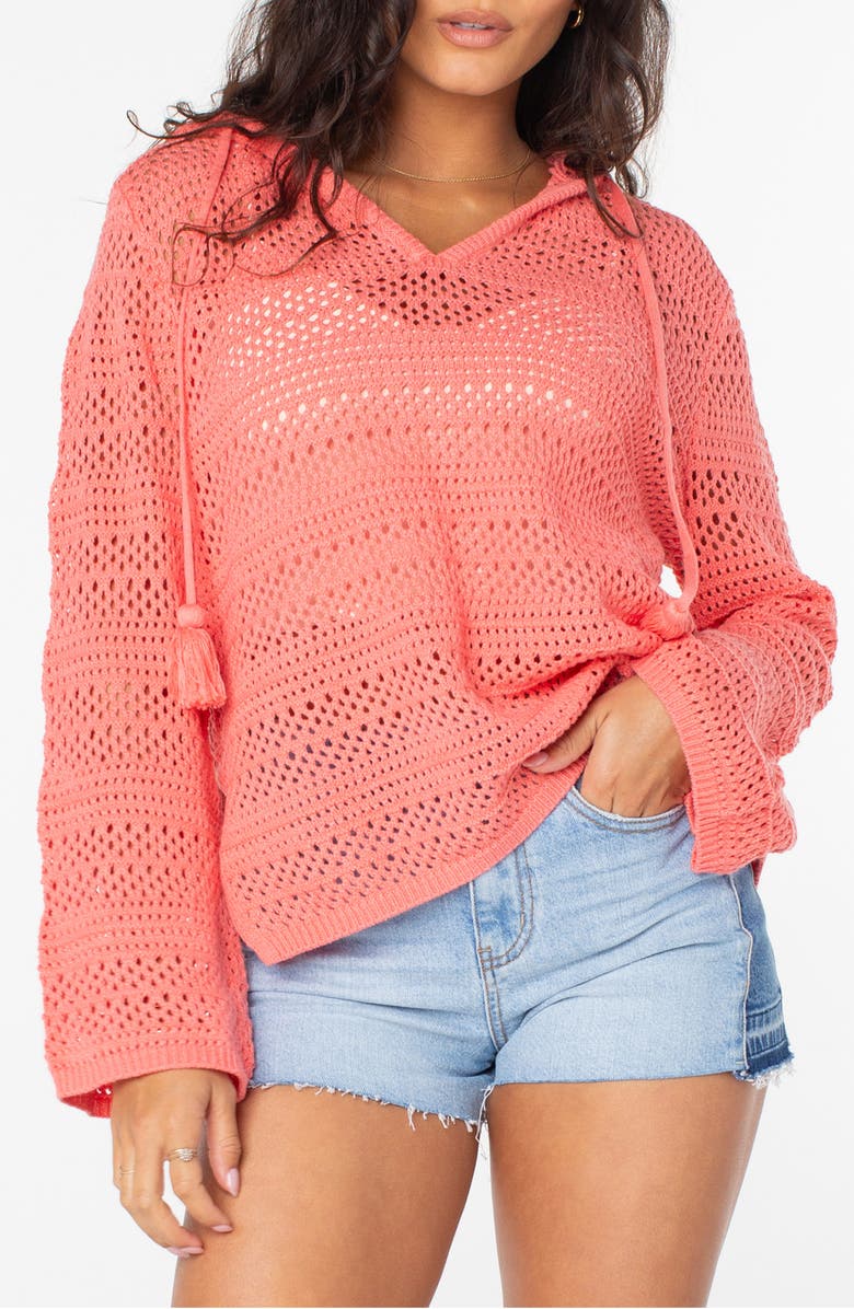 Roxy Hippie Love Open Stitch Hoodie, Main, color, Sugar Coral Solid