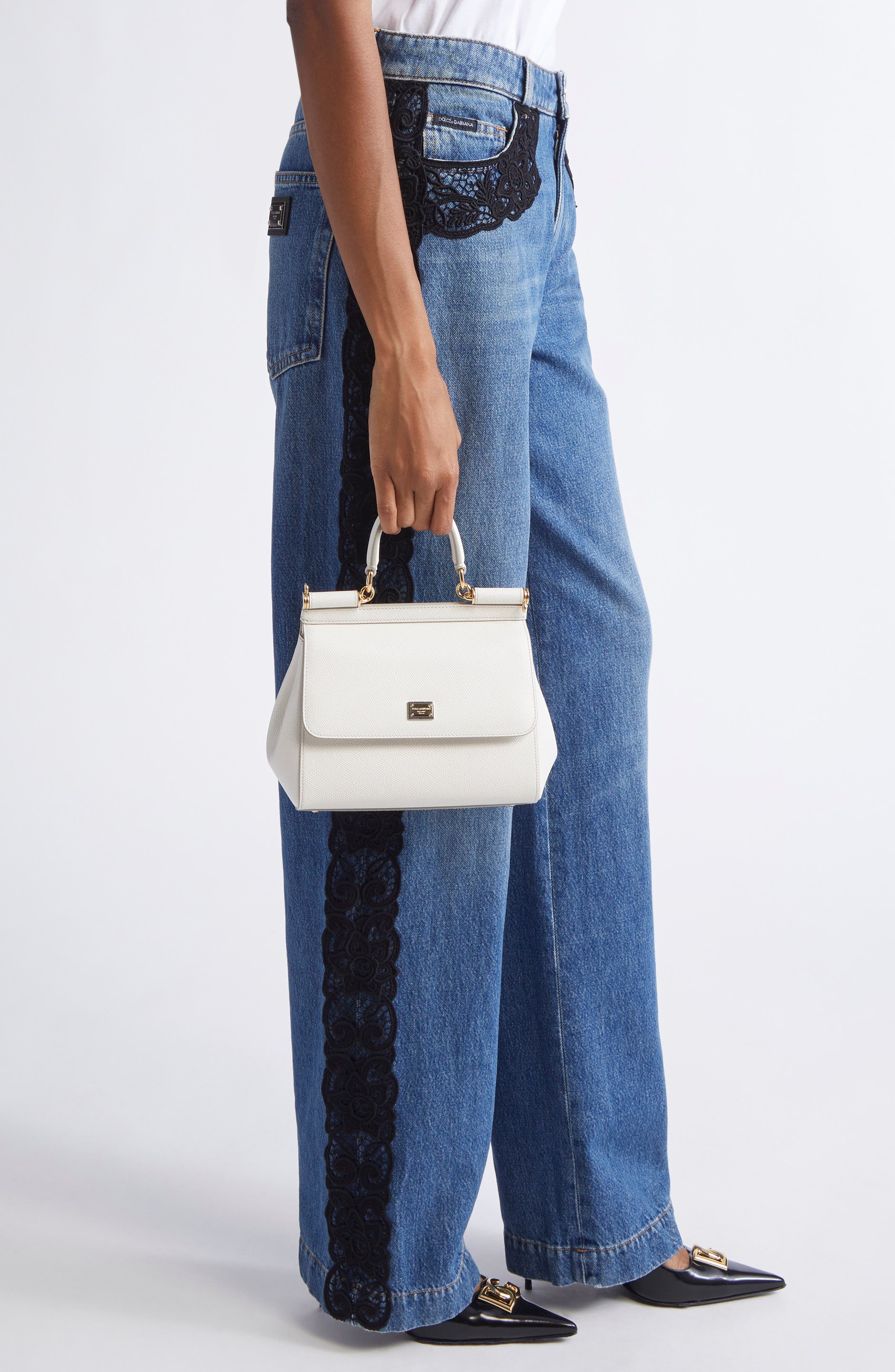 Dolce&Gabbana Medium Sicily Leather Top Handle Bag, Alternate, color, 80001 White