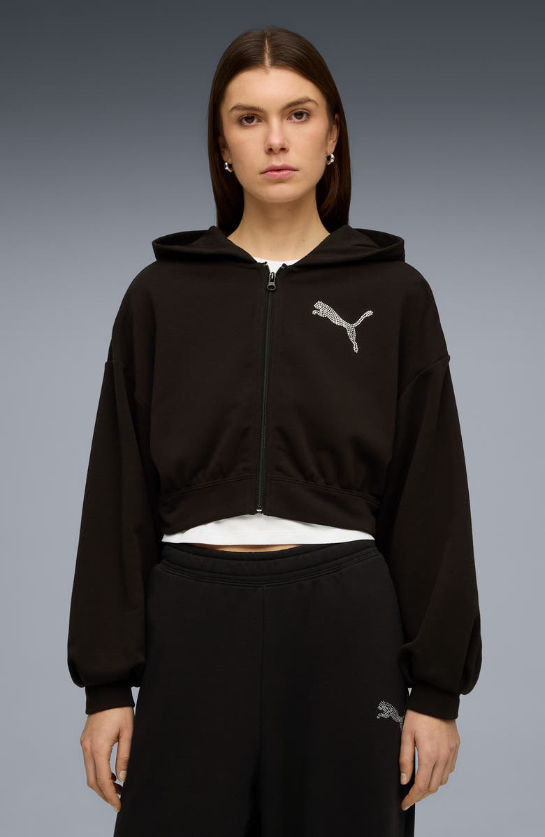 PUMA Essentials Bedazzled Rhinestone Embellished Cropped Graphic Hoodie, Alternate, color, 