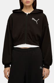 PUMA Essentials Bedazzled Rhinestone Embellished Cropped Graphic Hoodie