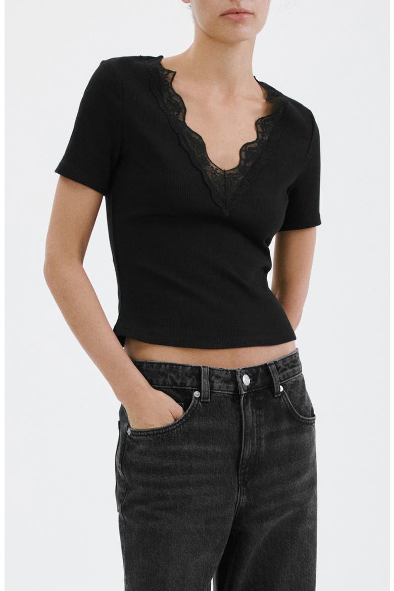 Lace Trim Rib Knit Crop Top, Main, color, BLACK