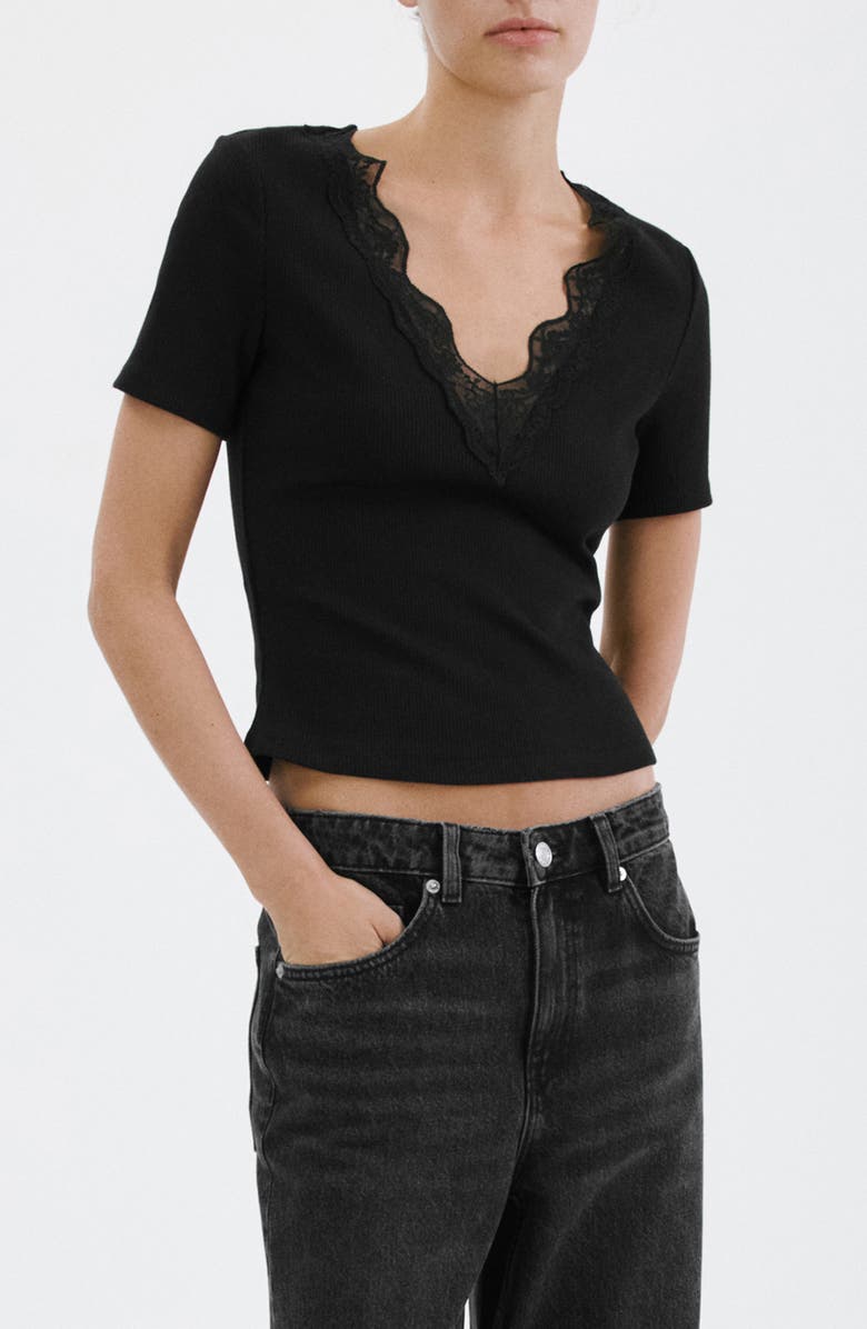 MANGO Lace Trim Rib Knit Crop Top, Main, color, 