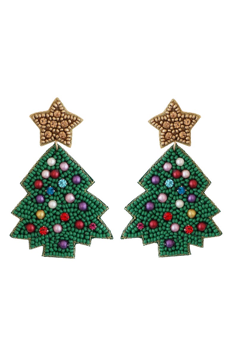 Panacea Beaded Christmas Tree Drop Earrings, Main, color, Green