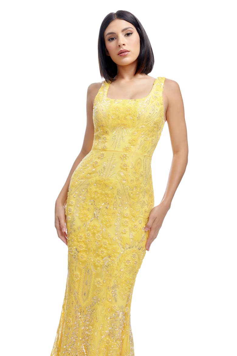 Tyra Beaded Chiffon Mermaid Gown, Alternate, color, CANARY