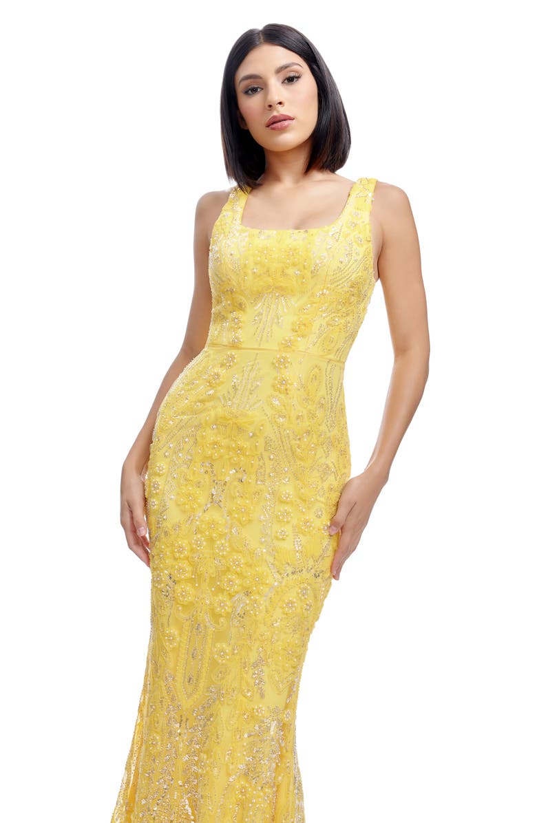 Dress the Population Tyra Beaded Chiffon Mermaid Gown, Alternate, color, Canary