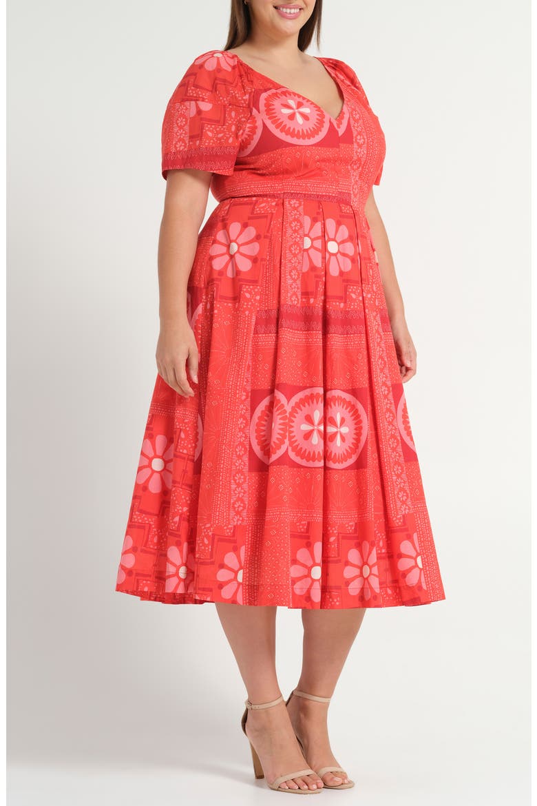 Amity Pleated Puff Sleeve Cotton Fit & Flare Dress, Alternate, color, CRIMSON TILE