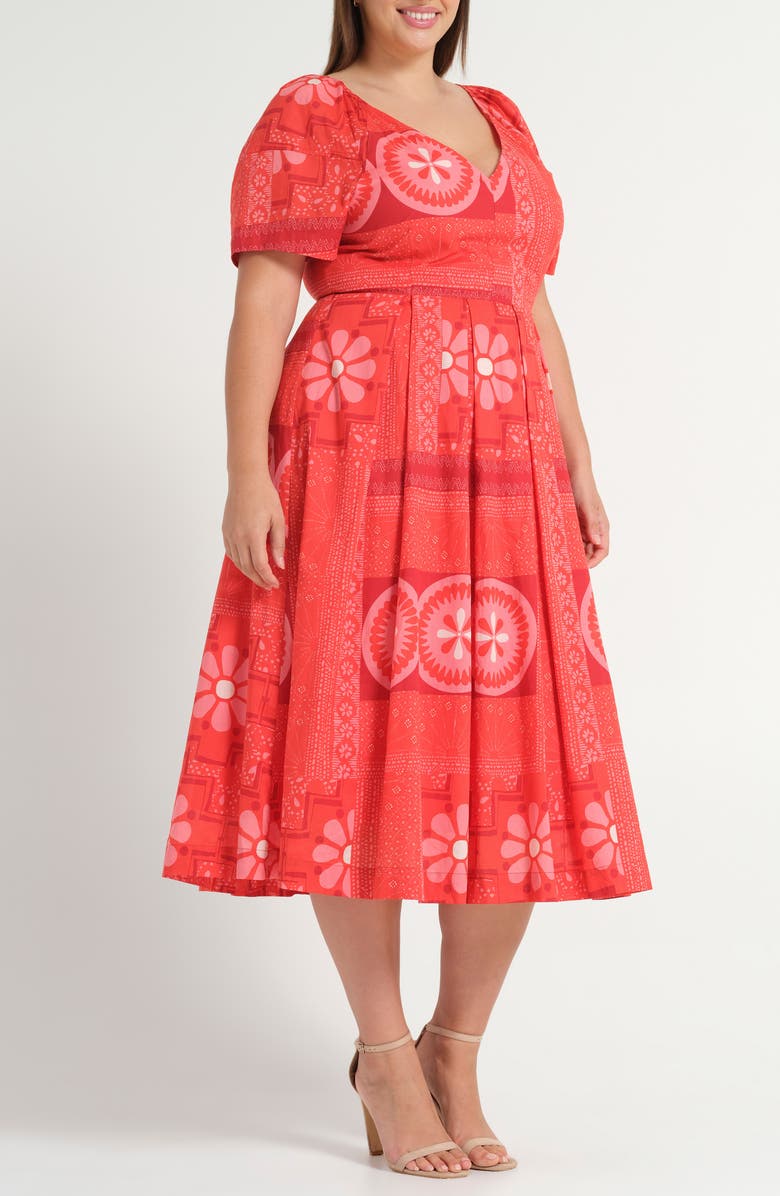 Estelle Amity Pleated Puff Sleeve Cotton Fit & Flare Dress, Alternate, color, Crimson Tile