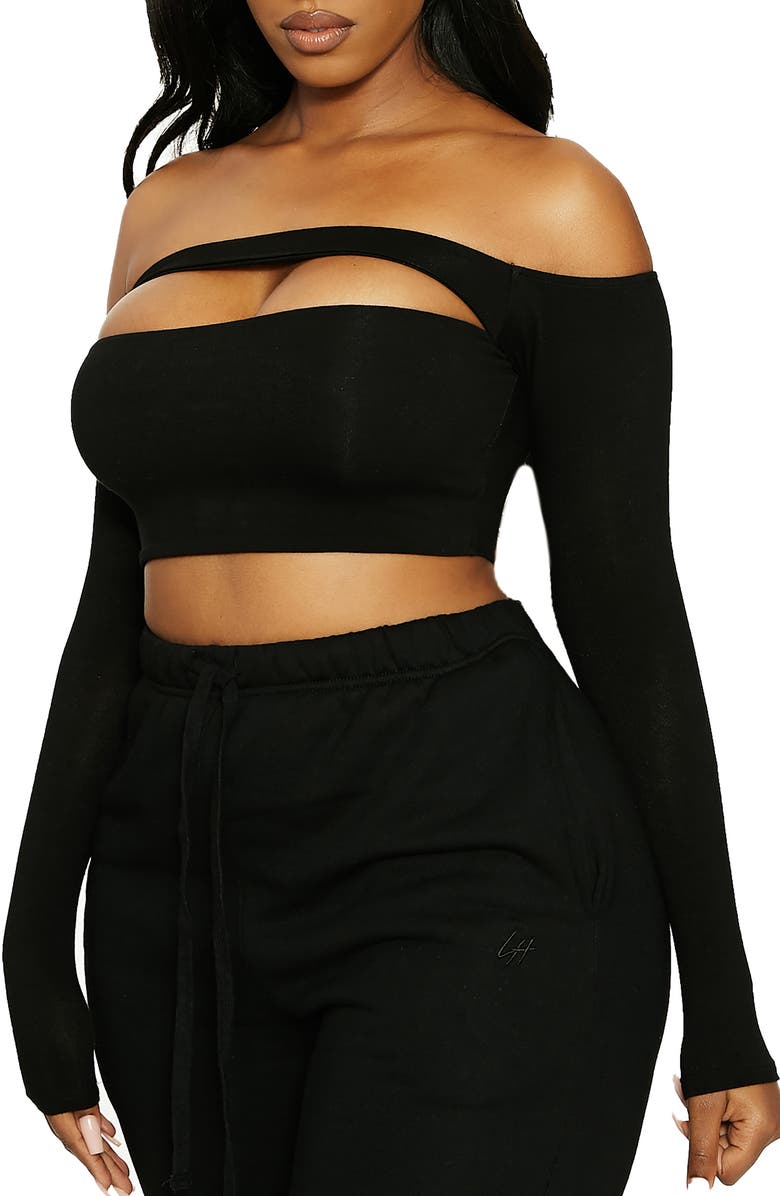 Naked Wardrobe x Lori Harvey Front Cutout Off the Shoulder Crop Top, Alternate, color,