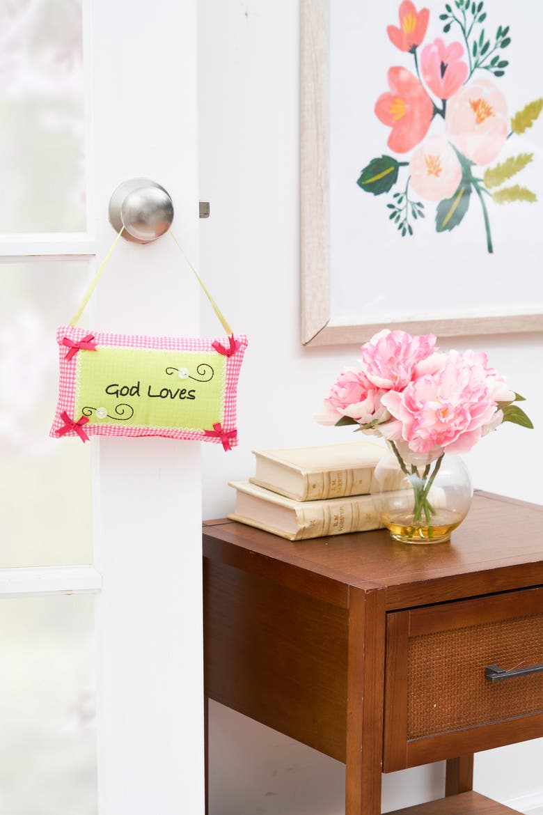 God Loves Embroidered Mini Accent Pillow 5" x 8", Alternate, color, Pink