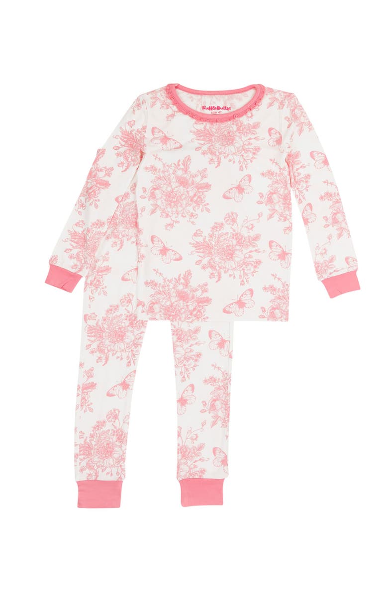 RuffleButts SoftSnooze Toddler Girls Ruffle Long Sleeve Pajama Set, Alternate, color, Bubblegum Pink Butterfly Toile