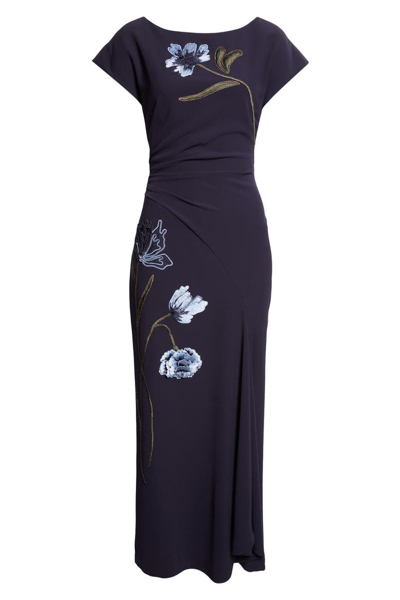 Floral Cord Embroidery Stretch Crepe Cascade Gown, Alternate, color, NAVY/ BLUE