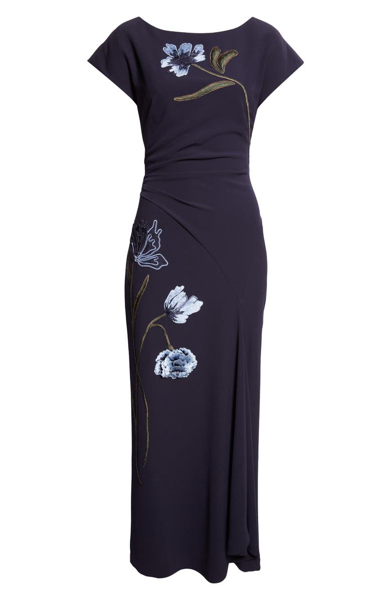 Lela Rose Floral Cord Embroidery Stretch Crepe Cascade Gown, Alternate, color, Navy/ Blue