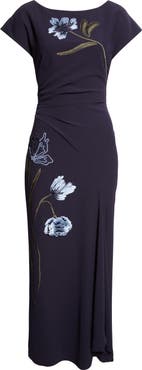 Lela Rose Floral Cord Embroidery Stretch Crepe Cascade Gown