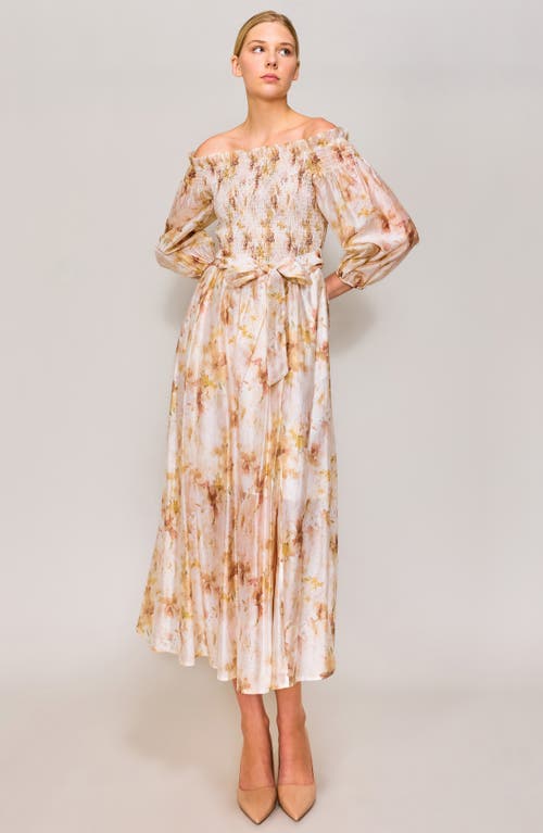 Melloday Smocked Bodice Long Sleeve Organza Midi Sundress In Blush Floral