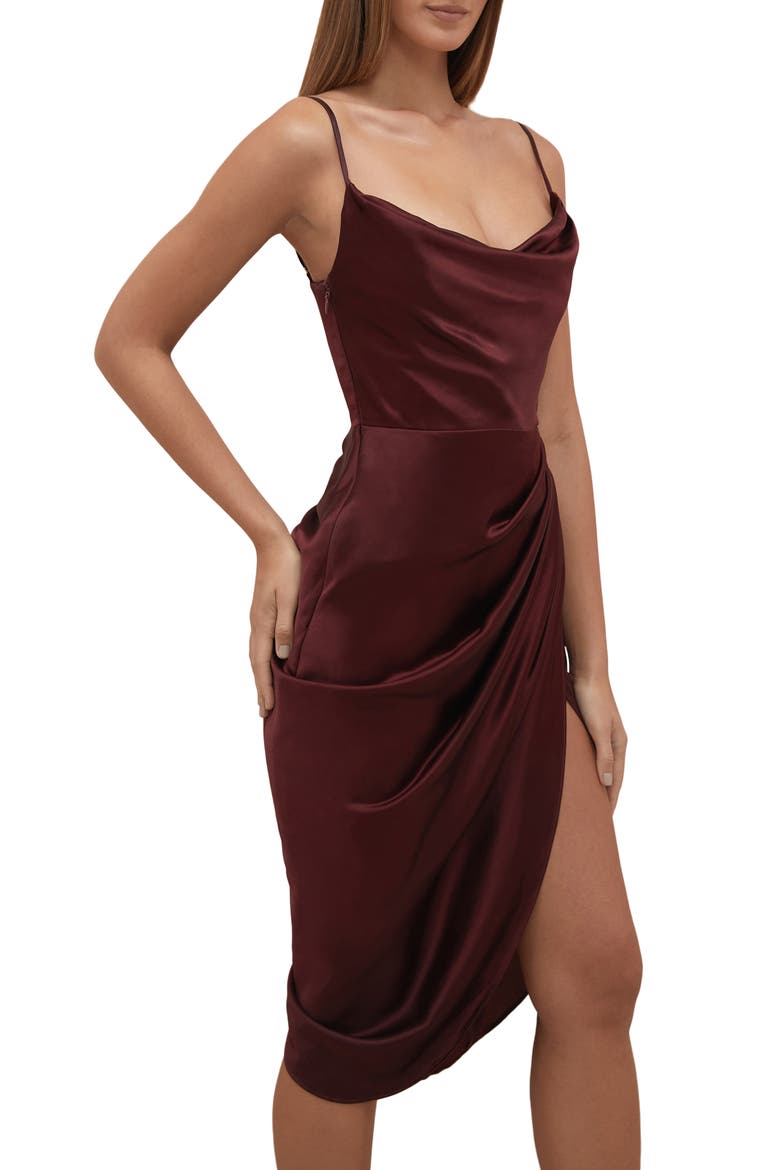 Reva Satin Gathered Corset Dress, Alternate, color, BROWN