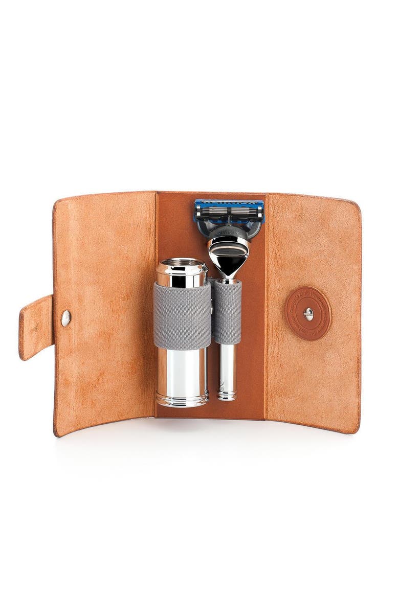 Travel Vegetable-Tanned Cowhide Travel Case Fusion Razor & Travel Brush, Main, color, Vegetable-Tanned