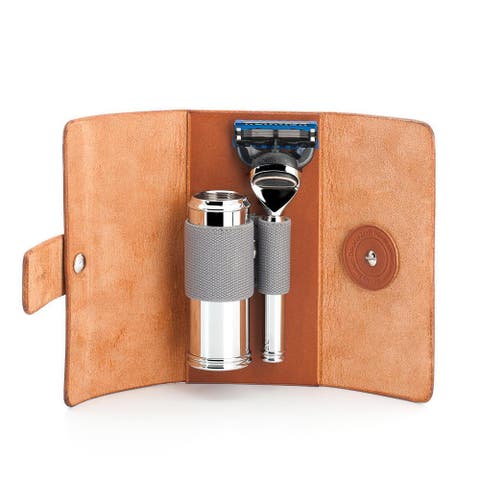 Travel Vegetable-Tanned Cowhide Travel Case Fusion Razor & Travel Brush